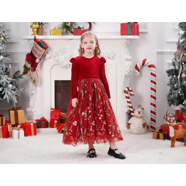 imageIDOPIP Embroidery Flower Girl Velvet Tutu Dress for Kids Princess Birthday Party Pageant Wedding Dresses Fall Winter ClothesWine Red