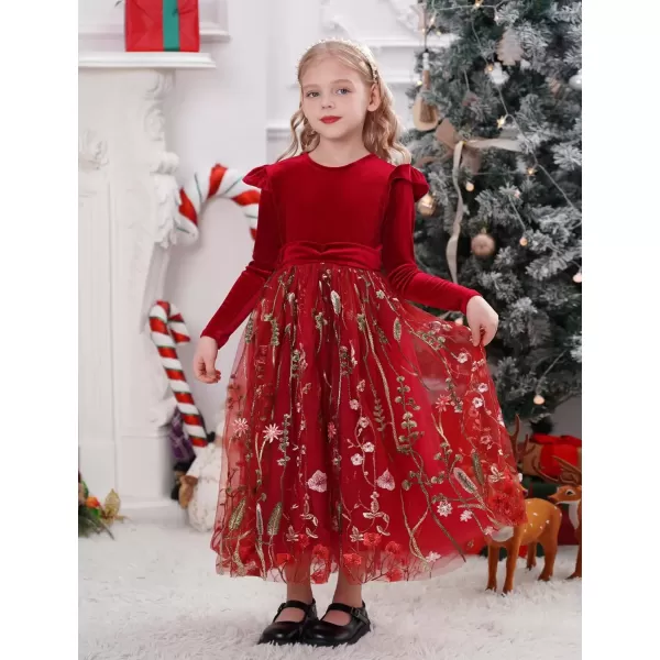 imageIDOPIP Embroidery Flower Girl Velvet Tutu Dress for Kids Princess Birthday Party Pageant Wedding Dresses Fall Winter ClothesWine Red