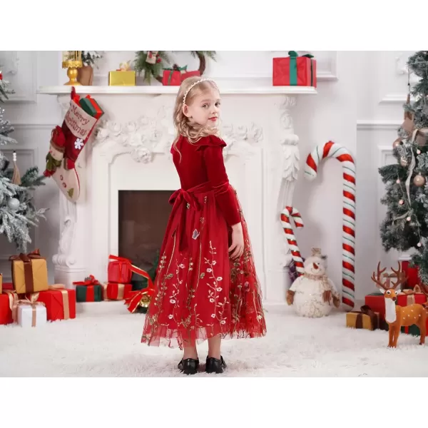 imageIDOPIP Embroidery Flower Girl Velvet Tutu Dress for Kids Princess Birthday Party Pageant Wedding Dresses Fall Winter ClothesWine Red