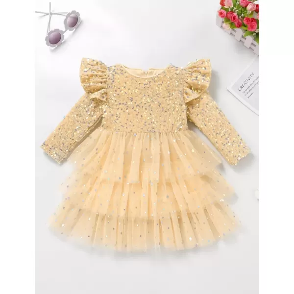 imageIDOPIP Toddler Girls Sequins Velvet Tutu Dress Glitter Christmas Tiered Mesh Dress Winter Long Sleeve Princess Pageant DressChampagne