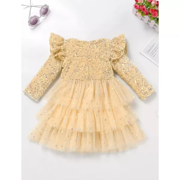 imageIDOPIP Toddler Girls Sequins Velvet Tutu Dress Glitter Christmas Tiered Mesh Dress Winter Long Sleeve Princess Pageant DressChampagne