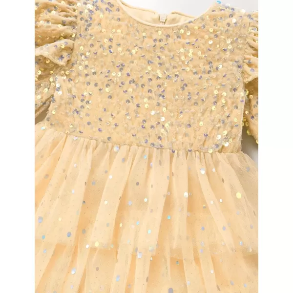 imageIDOPIP Toddler Girls Sequins Velvet Tutu Dress Glitter Christmas Tiered Mesh Dress Winter Long Sleeve Princess Pageant DressChampagne