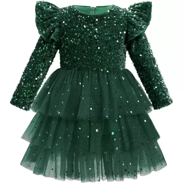 imageIDOPIP Toddler Girls Sequins Velvet Tutu Dress Glitter Christmas Tiered Mesh Dress Winter Long Sleeve Princess Pageant DressGreen