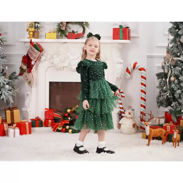 imageIDOPIP Toddler Girls Sequins Velvet Tutu Dress Glitter Christmas Tiered Mesh Dress Winter Long Sleeve Princess Pageant DressGreen