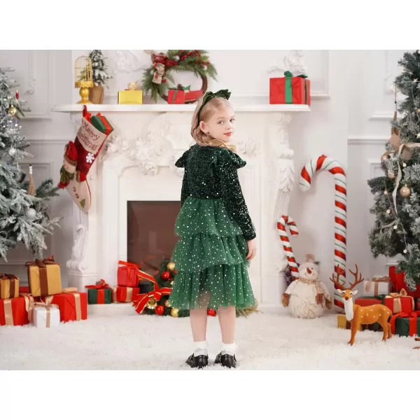 imageIDOPIP Toddler Girls Sequins Velvet Tutu Dress Glitter Christmas Tiered Mesh Dress Winter Long Sleeve Princess Pageant DressGreen