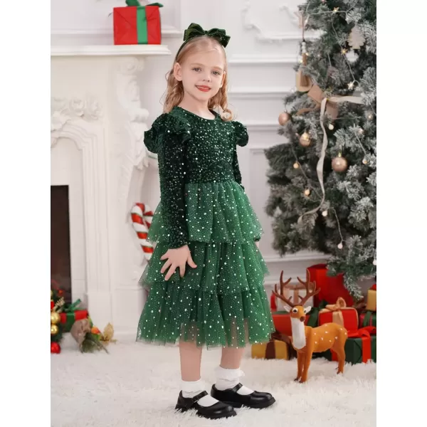 imageIDOPIP Toddler Girls Sequins Velvet Tutu Dress Glitter Christmas Tiered Mesh Dress Winter Long Sleeve Princess Pageant DressGreen