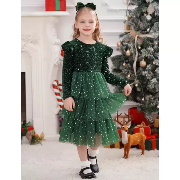 imageIDOPIP Toddler Girls Sequins Velvet Tutu Dress Glitter Christmas Tiered Mesh Dress Winter Long Sleeve Princess Pageant DressGreen