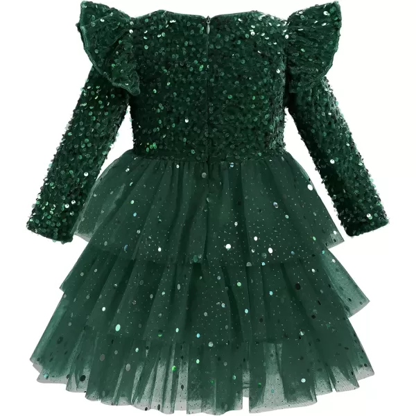 imageIDOPIP Toddler Girls Sequins Velvet Tutu Dress Glitter Christmas Tiered Mesh Dress Winter Long Sleeve Princess Pageant DressGreen