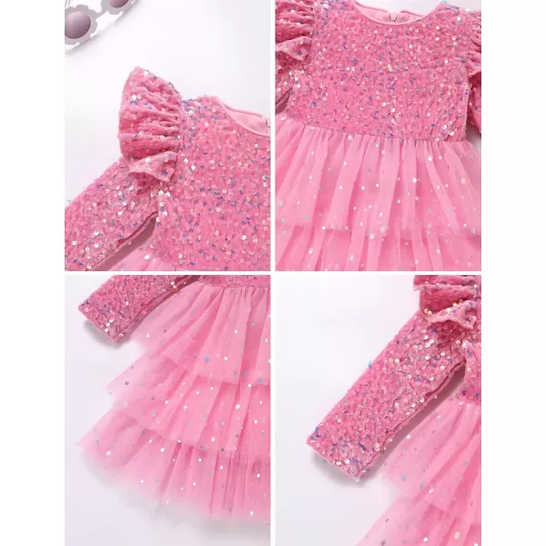 imageIDOPIP Toddler Girls Sequins Velvet Tutu Dress Glitter Christmas Tiered Mesh Dress Winter Long Sleeve Princess Pageant DressPink