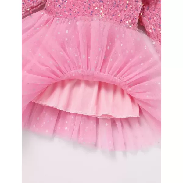 imageIDOPIP Toddler Girls Sequins Velvet Tutu Dress Glitter Christmas Tiered Mesh Dress Winter Long Sleeve Princess Pageant DressPink