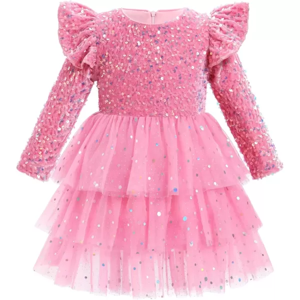 imageIDOPIP Toddler Girls Sequins Velvet Tutu Dress Glitter Christmas Tiered Mesh Dress Winter Long Sleeve Princess Pageant DressPink