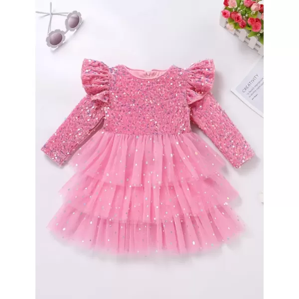 imageIDOPIP Toddler Girls Sequins Velvet Tutu Dress Glitter Christmas Tiered Mesh Dress Winter Long Sleeve Princess Pageant DressPink