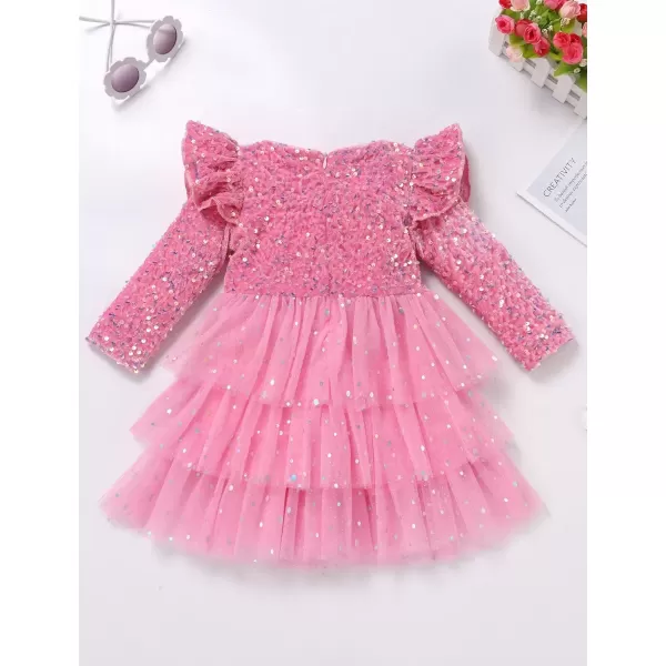 imageIDOPIP Toddler Girls Sequins Velvet Tutu Dress Glitter Christmas Tiered Mesh Dress Winter Long Sleeve Princess Pageant DressPink