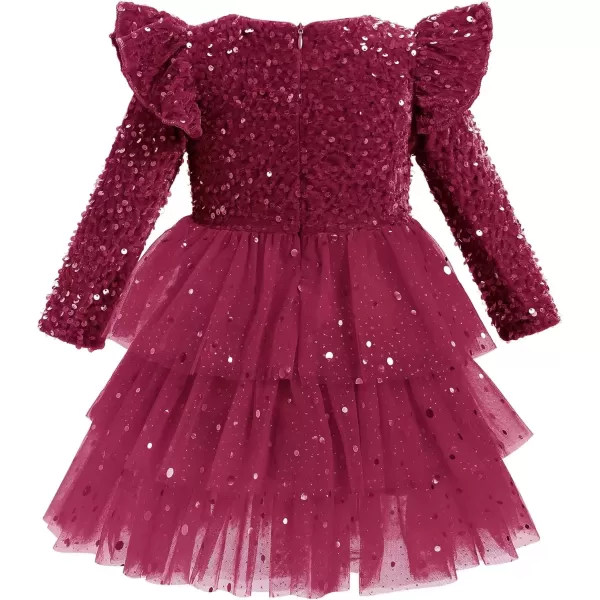 imageIDOPIP Toddler Girls Sequins Velvet Tutu Dress Glitter Christmas Tiered Mesh Dress Winter Long Sleeve Princess Pageant DressRed