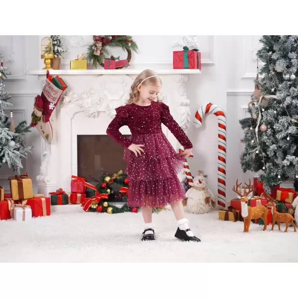 imageIDOPIP Toddler Girls Sequins Velvet Tutu Dress Glitter Christmas Tiered Mesh Dress Winter Long Sleeve Princess Pageant DressRed