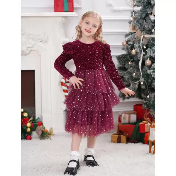 imageIDOPIP Toddler Girls Sequins Velvet Tutu Dress Glitter Christmas Tiered Mesh Dress Winter Long Sleeve Princess Pageant DressRed
