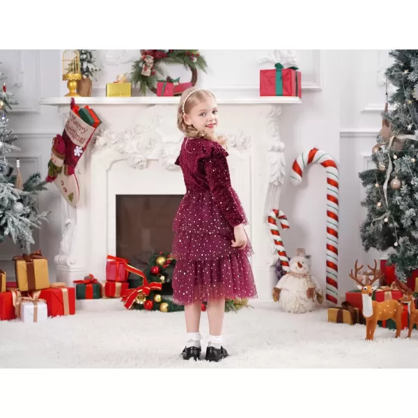 imageIDOPIP Toddler Girls Sequins Velvet Tutu Dress Glitter Christmas Tiered Mesh Dress Winter Long Sleeve Princess Pageant DressRed