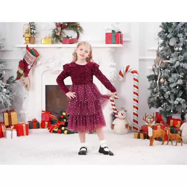 imageIDOPIP Toddler Girls Sequins Velvet Tutu Dress Glitter Christmas Tiered Mesh Dress Winter Long Sleeve Princess Pageant DressRed