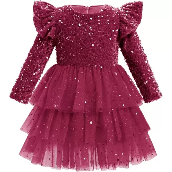 imageIDOPIP Toddler Girls Sequins Velvet Tutu Dress Glitter Christmas Tiered Mesh Dress Winter Long Sleeve Princess Pageant DressRed