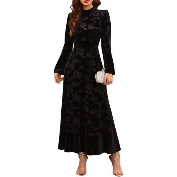 imageIDOPIP Women Long Bell Sleeve Floral Velvet Maxi Dress Fall Mock Neck Wedding Guest Dress Elegant Evening Cocktail Prom GownBlack