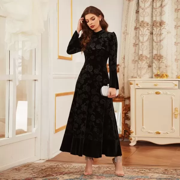 imageIDOPIP Women Long Bell Sleeve Floral Velvet Maxi Dress Fall Mock Neck Wedding Guest Dress Elegant Evening Cocktail Prom GownBlack