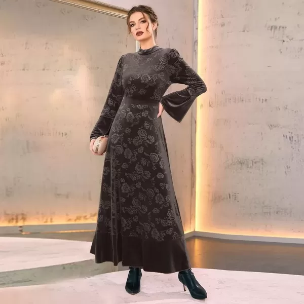 imageIDOPIP Women Long Bell Sleeve Floral Velvet Maxi Dress Fall Mock Neck Wedding Guest Dress Elegant Evening Cocktail Prom GownFloral