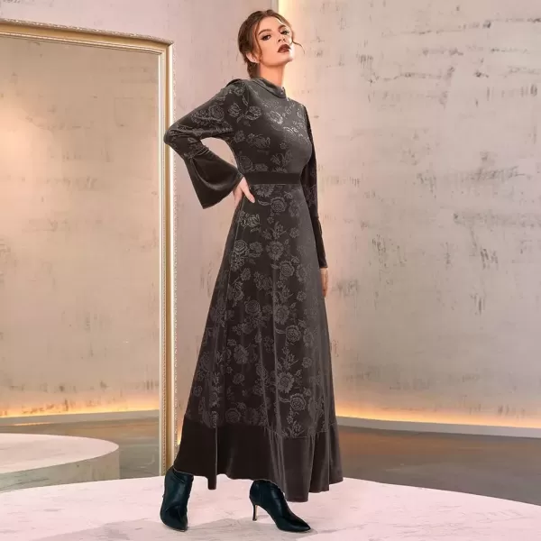 imageIDOPIP Women Long Bell Sleeve Floral Velvet Maxi Dress Fall Mock Neck Wedding Guest Dress Elegant Evening Cocktail Prom GownFloral