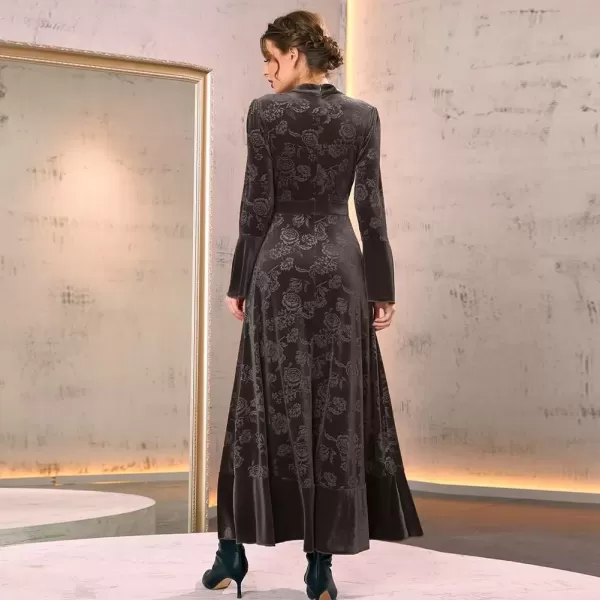 imageIDOPIP Women Long Bell Sleeve Floral Velvet Maxi Dress Fall Mock Neck Wedding Guest Dress Elegant Evening Cocktail Prom GownFloral