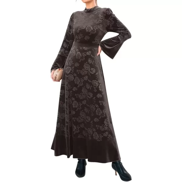 imageIDOPIP Women Long Bell Sleeve Floral Velvet Maxi Dress Fall Mock Neck Wedding Guest Dress Elegant Evening Cocktail Prom GownFloral