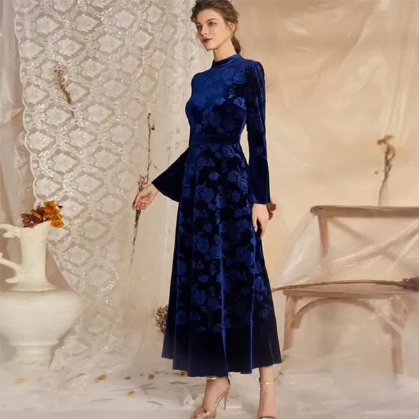 imageIDOPIP Women Long Bell Sleeve Floral Velvet Maxi Dress Fall Mock Neck Wedding Guest Dress Elegant Evening Cocktail Prom GownNavy Blue