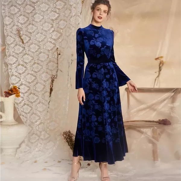 imageIDOPIP Women Long Bell Sleeve Floral Velvet Maxi Dress Fall Mock Neck Wedding Guest Dress Elegant Evening Cocktail Prom GownNavy Blue