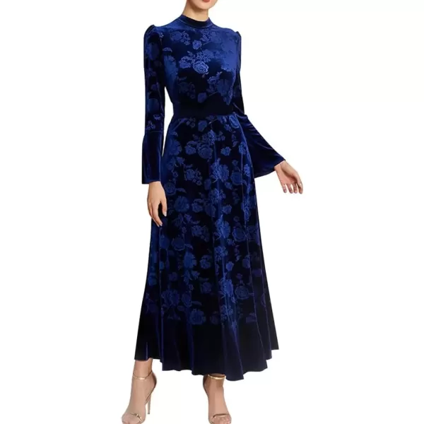 imageIDOPIP Women Long Bell Sleeve Floral Velvet Maxi Dress Fall Mock Neck Wedding Guest Dress Elegant Evening Cocktail Prom GownNavy Blue