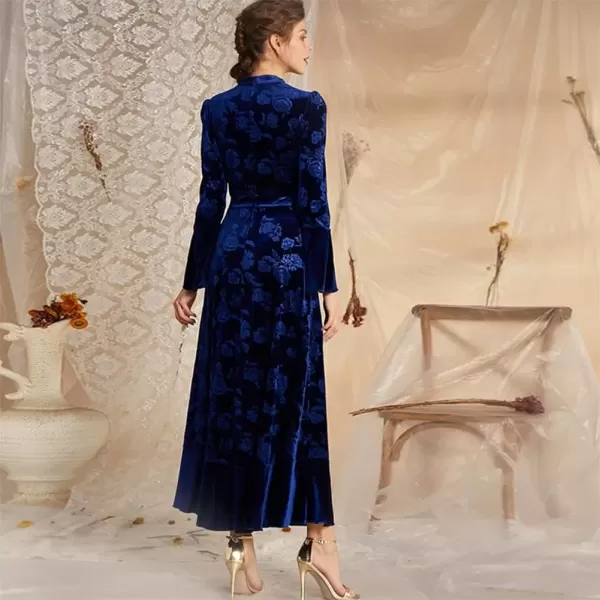 imageIDOPIP Women Long Bell Sleeve Floral Velvet Maxi Dress Fall Mock Neck Wedding Guest Dress Elegant Evening Cocktail Prom GownNavy Blue