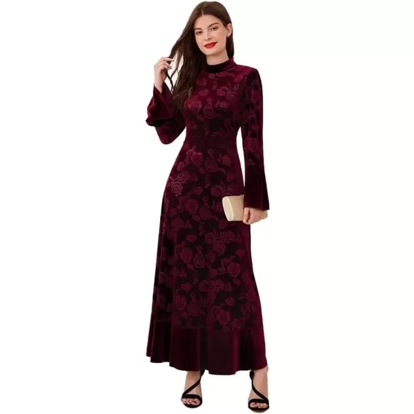 imageIDOPIP Women Long Bell Sleeve Floral Velvet Maxi Dress Fall Mock Neck Wedding Guest Dress Elegant Evening Cocktail Prom GownWine