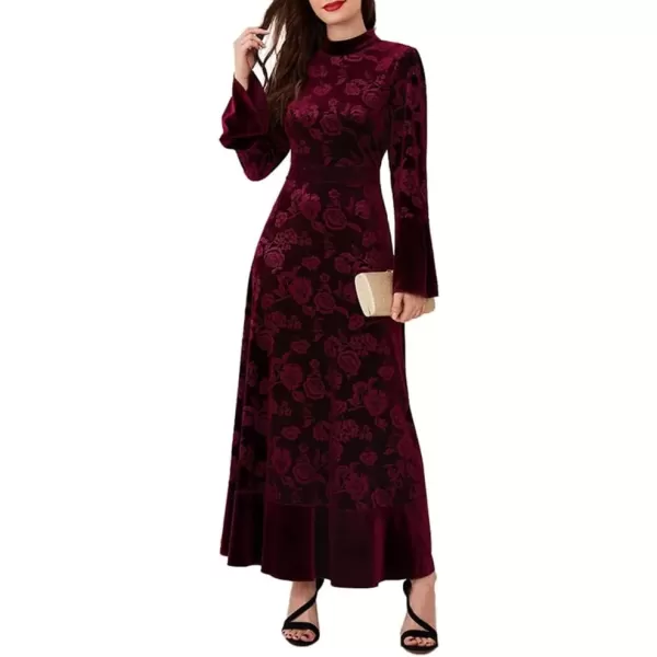 imageIDOPIP Women Long Bell Sleeve Floral Velvet Maxi Dress Fall Mock Neck Wedding Guest Dress Elegant Evening Cocktail Prom GownWine