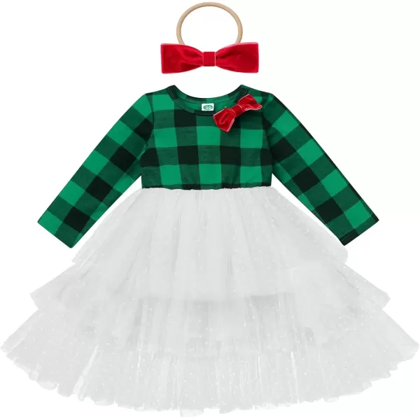 imageIDOPIP Toddler Baby Girls Christmas Plaid Tutu Dress with Headband Long Sleeve Princess Birthday Party Dresses Fall ClothesGreen