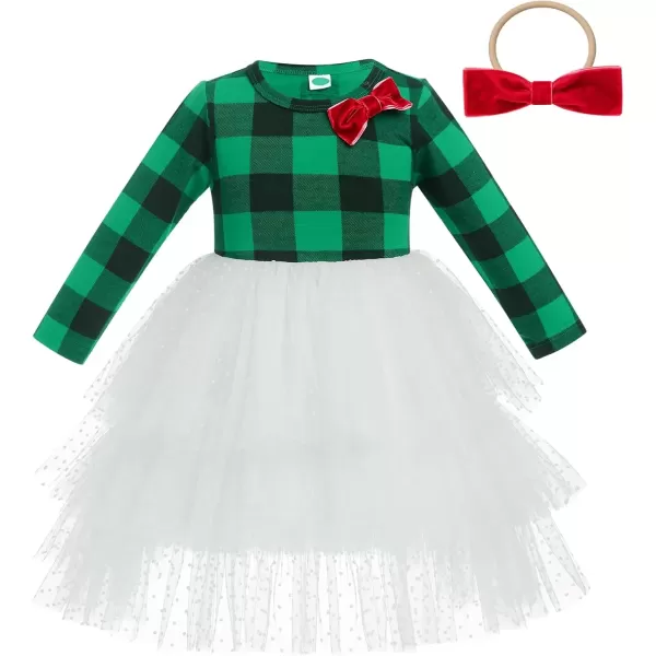 imageIDOPIP Toddler Baby Girls Christmas Plaid Tutu Dress with Headband Long Sleeve Princess Birthday Party Dresses Fall ClothesGreen