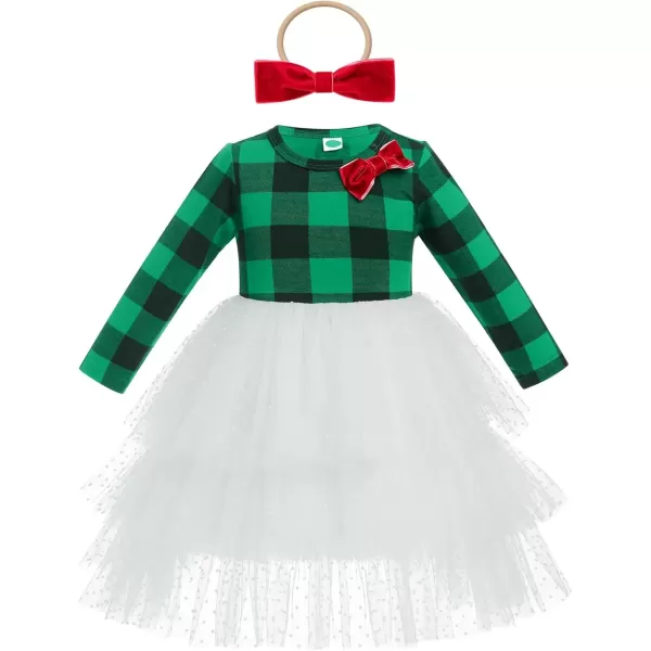 imageIDOPIP Toddler Baby Girls Christmas Plaid Tutu Dress with Headband Long Sleeve Princess Birthday Party Dresses Fall ClothesGreen