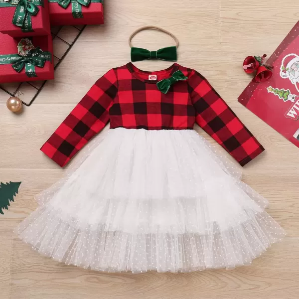 imageIDOPIP Toddler Baby Girls Christmas Plaid Tutu Dress with Headband Long Sleeve Princess Birthday Party Dresses Fall ClothesRed