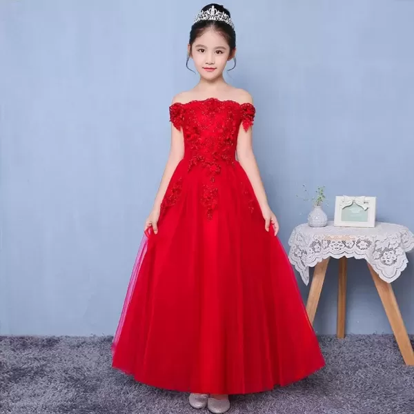 imageFlower Girl Dress Embroidery Lace Applique Beaded Off Shoulder Long Pageant Formal Wedding Party Dresses for Kids Baby Bridesmaid Birthday Communion Floor Length Tulle Ball Gowns Red 56 Years