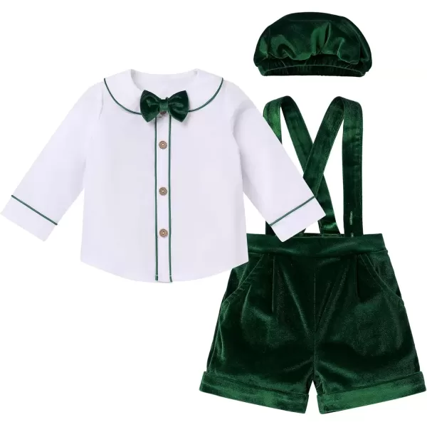 imageIDOPIP Baby Boys Velvet Formal Suit Toddler Gentleman Outfit Long Sleeve Shirt with Bowtie Suspender Pants Hat Winter ClothesGreen