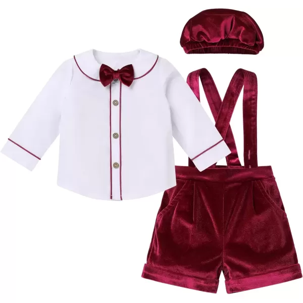 imageIDOPIP Baby Boys Velvet Formal Suit Toddler Gentleman Outfit Long Sleeve Shirt with Bowtie Suspender Pants Hat Winter ClothesWine Red