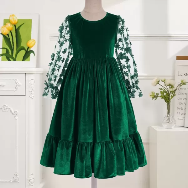 imageIDOPIP Girls Mesh Long Sleeve Velvet Dress 3D Flower Winter Fall Ruffle Dress Prom Christmas Christening First Communion GownGreen