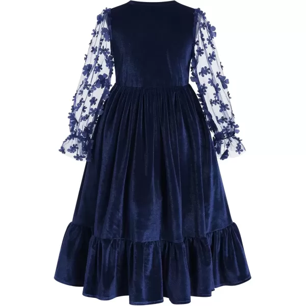 imageIDOPIP Girls Mesh Long Sleeve Velvet Dress 3D Flower Winter Fall Ruffle Dress Prom Christmas Christening First Communion GownNavy Blue