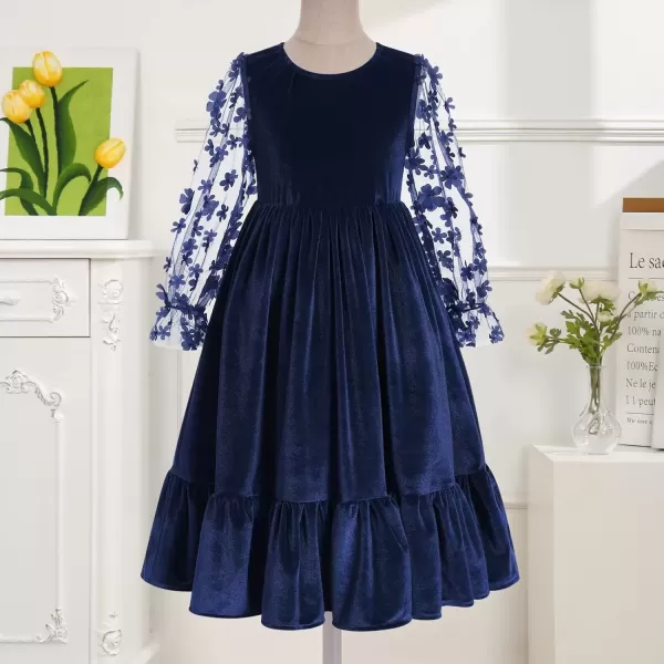 imageIDOPIP Girls Mesh Long Sleeve Velvet Dress 3D Flower Winter Fall Ruffle Dress Prom Christmas Christening First Communion GownNavy Blue