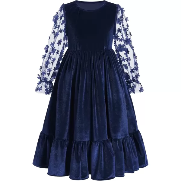 imageIDOPIP Girls Mesh Long Sleeve Velvet Dress 3D Flower Winter Fall Ruffle Dress Prom Christmas Christening First Communion GownNavy Blue