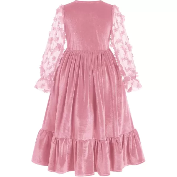 imageIDOPIP Girls Mesh Long Sleeve Velvet Dress 3D Flower Winter Fall Ruffle Dress Prom Christmas Christening First Communion GownPink
