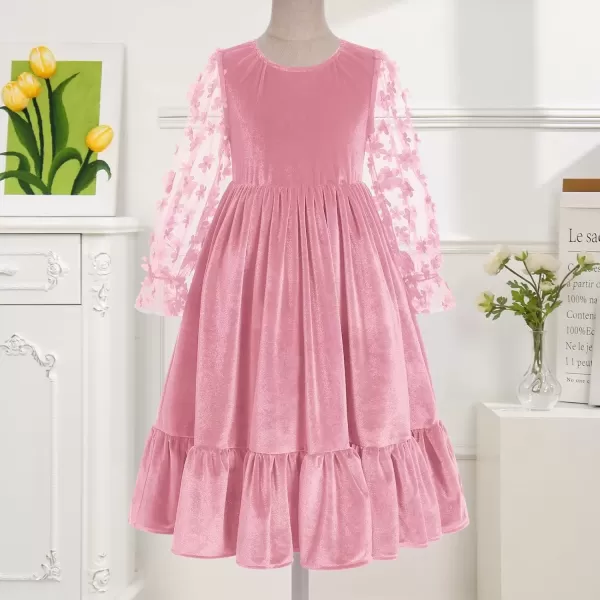 imageIDOPIP Girls Mesh Long Sleeve Velvet Dress 3D Flower Winter Fall Ruffle Dress Prom Christmas Christening First Communion GownPink