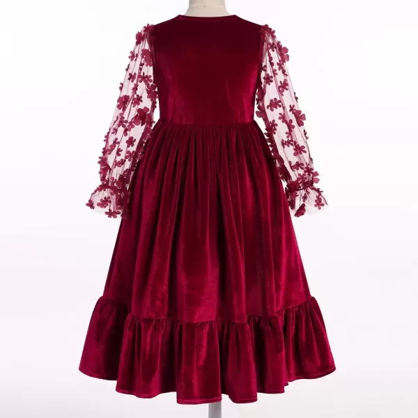 imageIDOPIP Girls Mesh Long Sleeve Velvet Dress 3D Flower Winter Fall Ruffle Dress Prom Christmas Christening First Communion GownRed