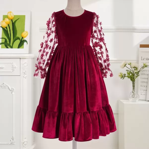 imageIDOPIP Girls Mesh Long Sleeve Velvet Dress 3D Flower Winter Fall Ruffle Dress Prom Christmas Christening First Communion GownRed